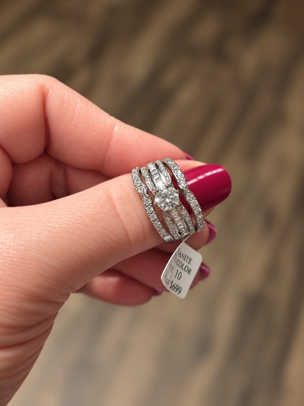 New Three-Piece Moissanite Silver  Ring Set, 1.0 Ct Stone, Pave Accents Sz 10